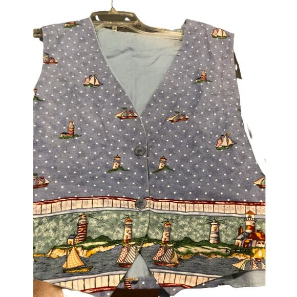 EUC 1990's Blue Cotton Vest Sail Boats Summer New England Vintage Cottage Core‎ - Picture 2 of 8